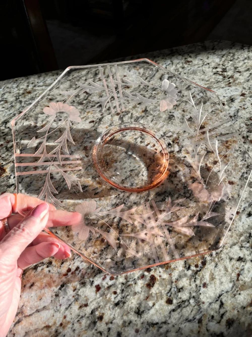 Vintage Pink Depression Glass Etched Floral Plate 10” Octagon Serving Dish